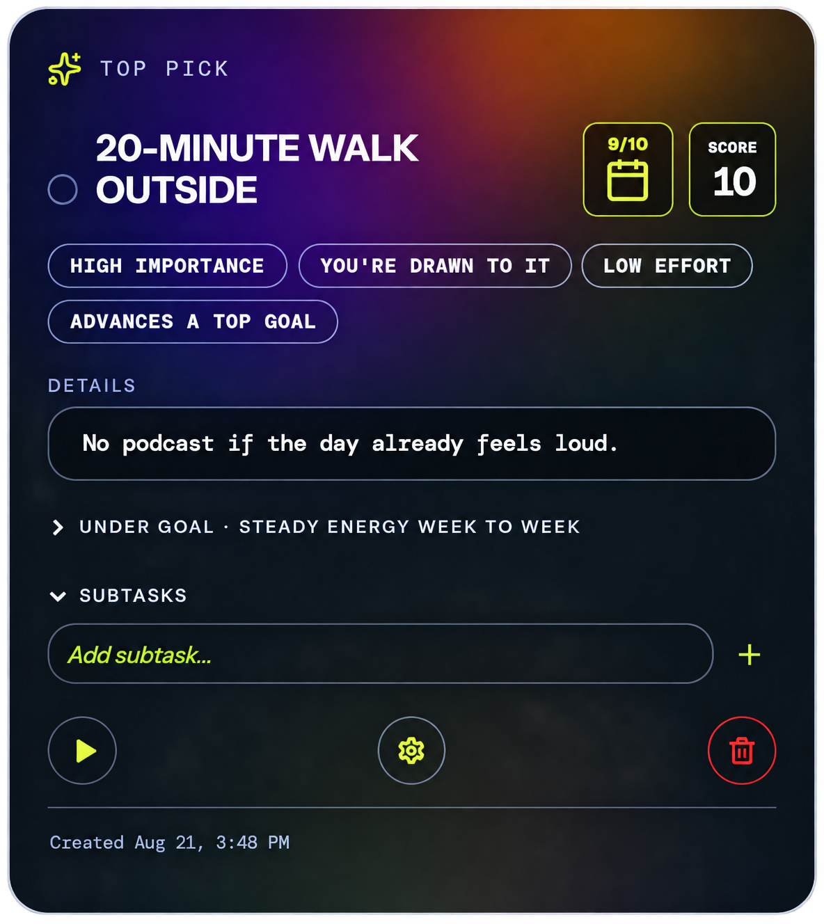 Today Top pick card showing a scored walk task with reasons and actions